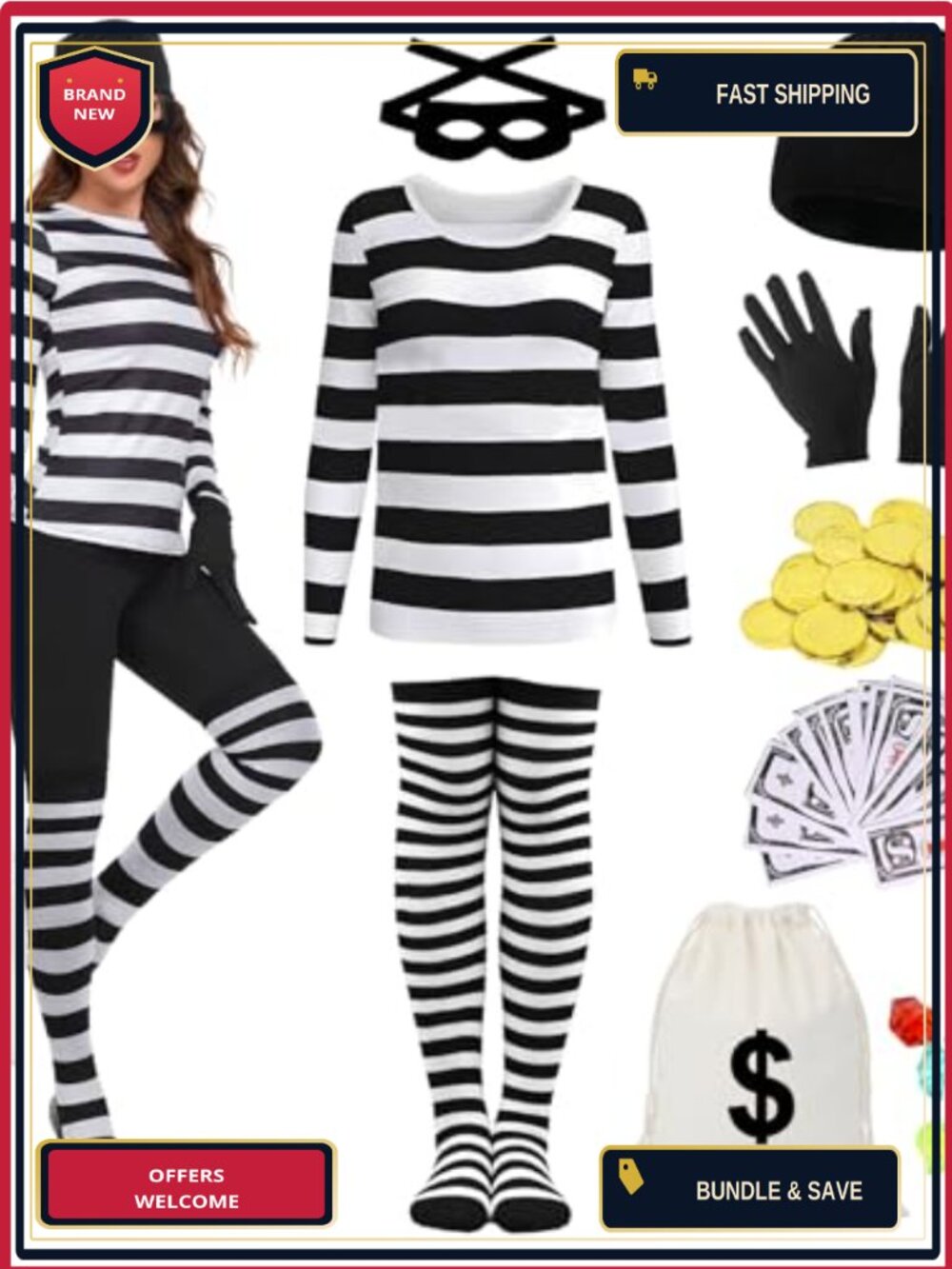 Adult Thief Costume Set 9 Pcs Robber Fancy Dress Burglar Outfit Kit
